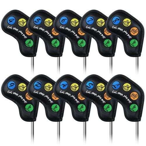 Craftsman Golf 10pcs Funny Eat Sleep Golf Magnetic Closure Classic Black Synthetic Leather Iron Headcover Covers Set Travel Cases Protector