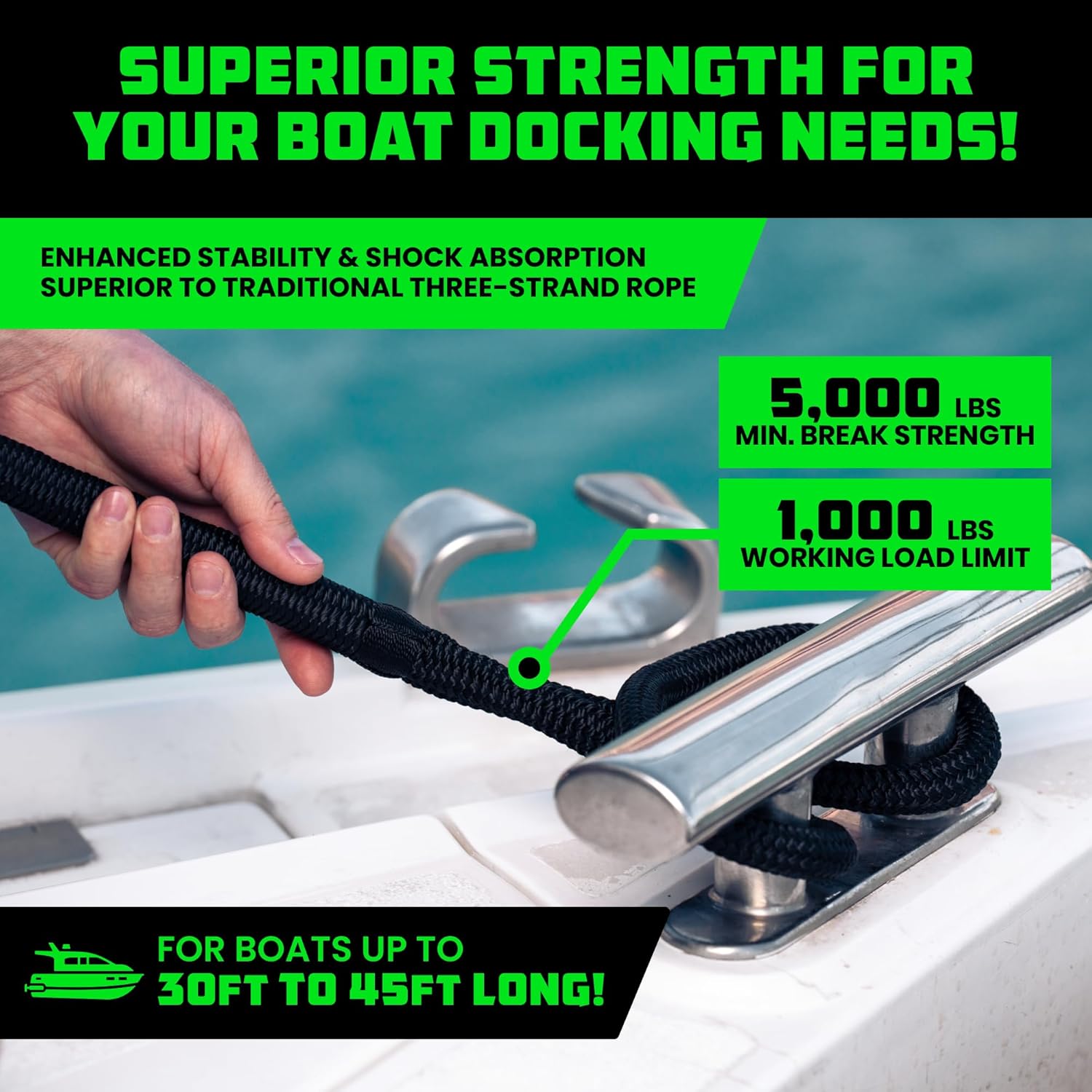 Rhino USA Dock Lines - Heavy Duty 1/2" x 16' Marine Grade Rope for Boats, Kayaks & Pontoons - Black