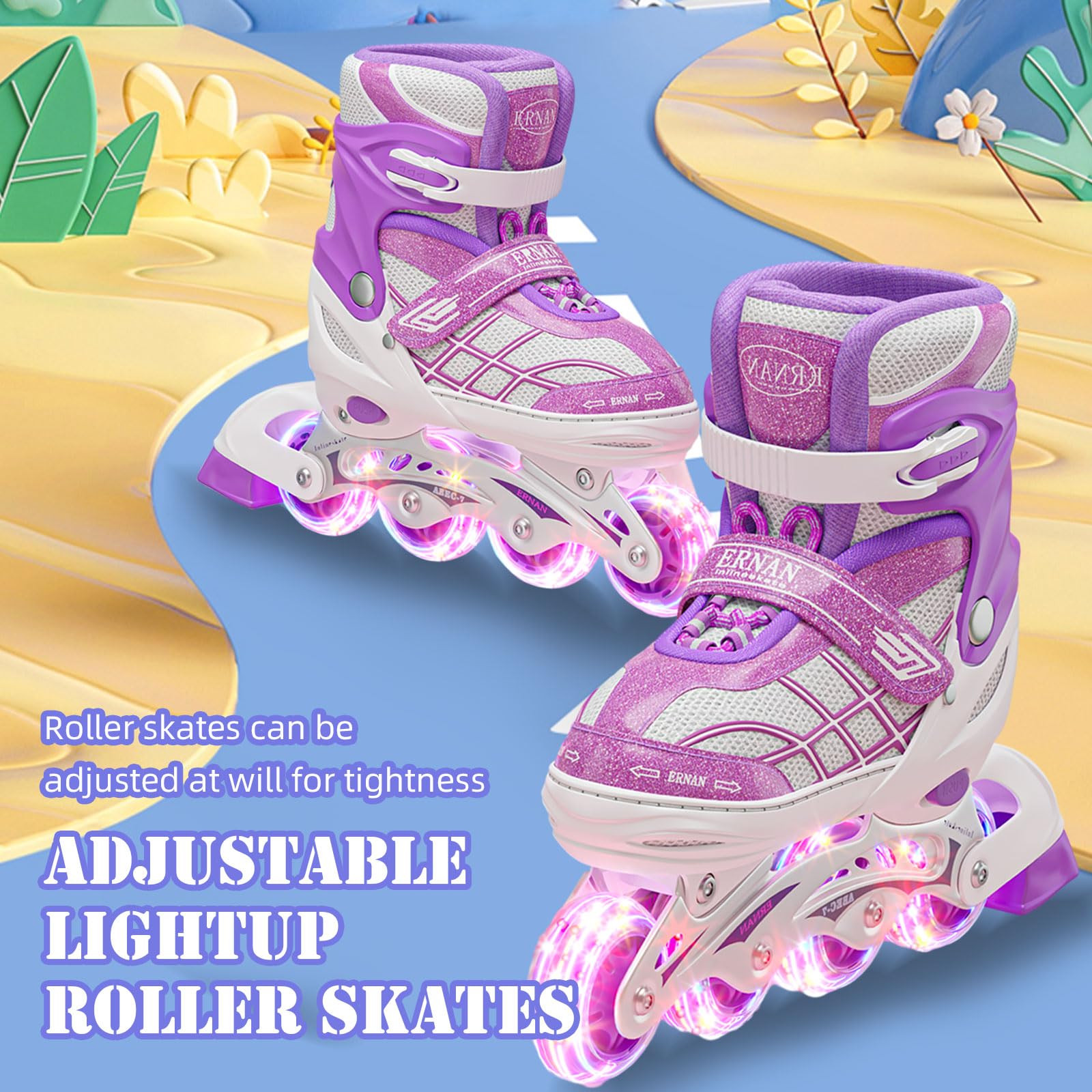 Uleetot Inline Skates for Boys, Girls,.Adjustable Light up Roller Skates Purple Holographic High Top Faux Leather Rollerskates for Beginner Indoor Outdoor (Medium-Big Kids(2-5 US))