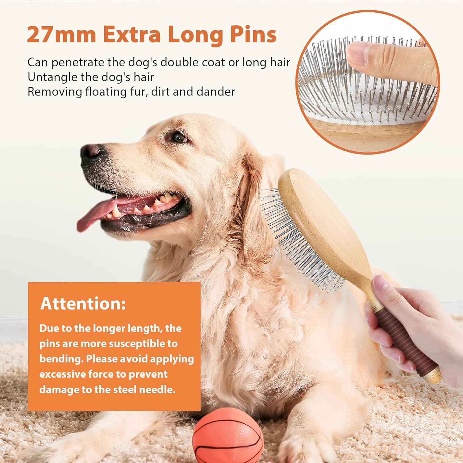 Skiennix Dog Brush - Extra Long Pin Grooming Brush for Long Haired Dogs | Beech Wood, Non-Slip Handle