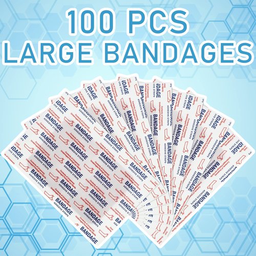 Marsui 100 Pcs Large Bandages 3 x 4 Inch Wound Care Flexible Adhesive Bandages Latex Free Fabric for and Protect Wounds Large Size for First Aid Wound Care Assorted