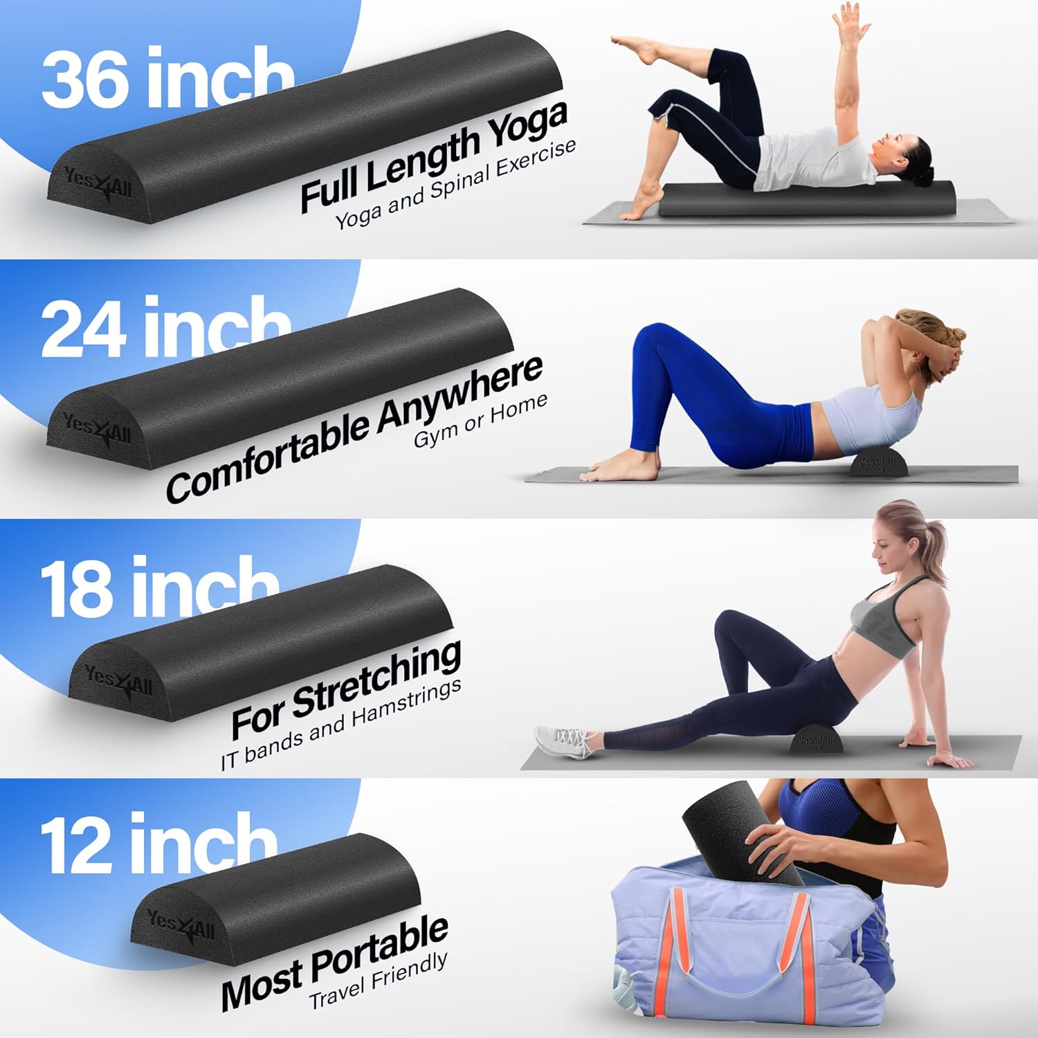 Yes4All Foam Roller - Medium Firm Half Foam for Post-Workout Relaxation | 12/18/24/36 Inch Options for Back Massage & Yoga