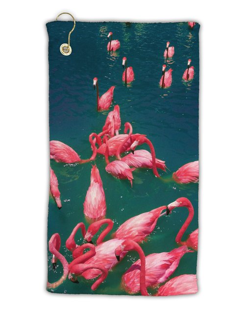 TOOLOUD Bright Pink Painted Flamingos Micro Terry Gromet Golf Towel 15" x 22" All Over Print