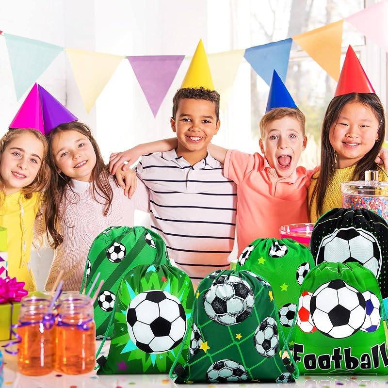 Soccer Themed 12-Pack Drawstring Gift Bags for Kids – Green Mini Soccer Party Favor Bags