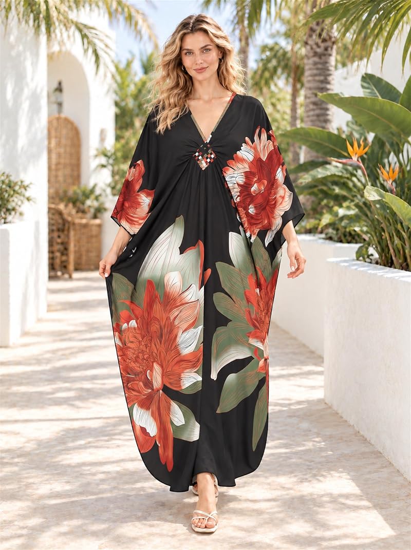 Plus Size Kaftan Dress for Women - V-Neck Batwing Beach Cover Up, Orange & Green Peony