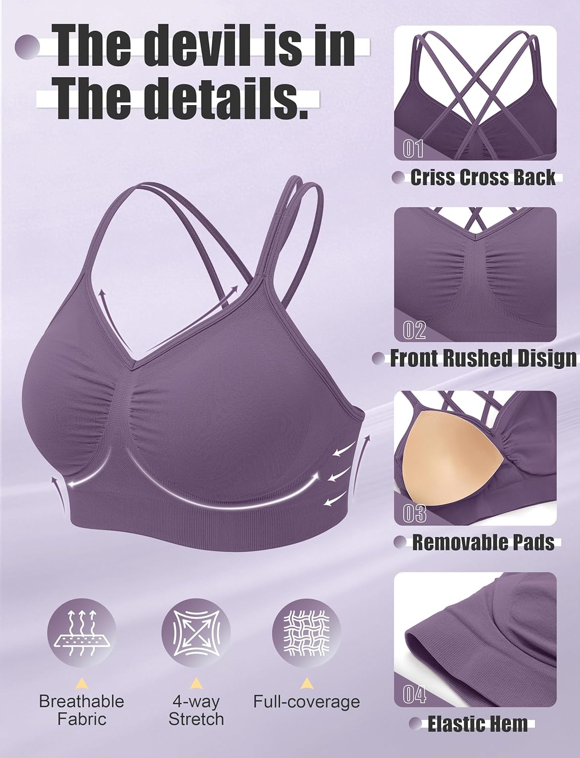 WANAYOU Sports Bras - Padded Medium Support Strappy Cross Back Workout Bra | 3 Pack for Yoga & Gym