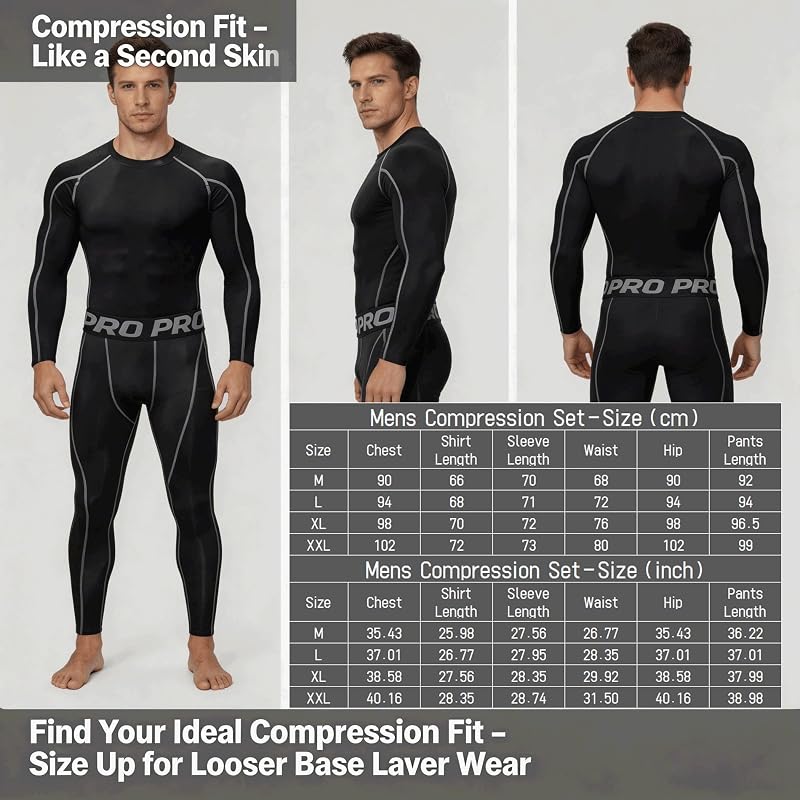 Men's Thermal Base Layer Set - Compression Shirt & Pants, 210 GSM Brushed Knit, Black, Large