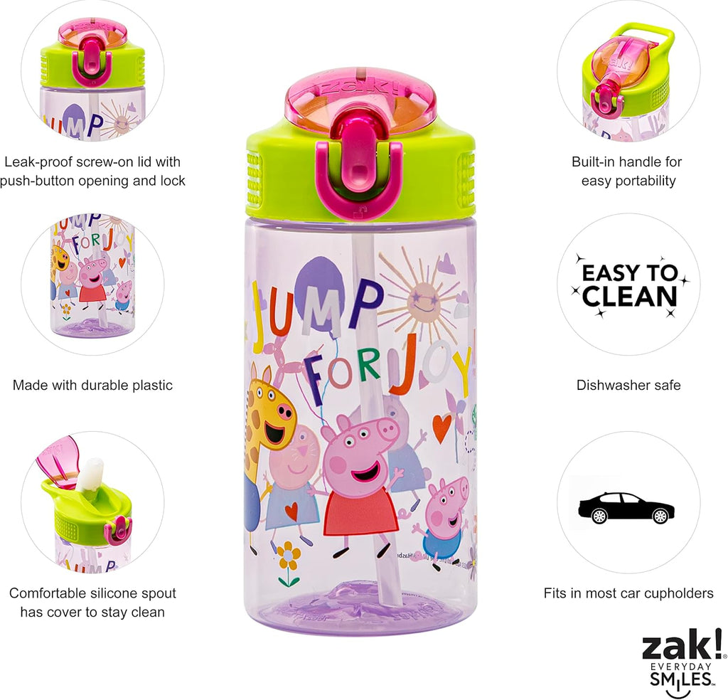 Zak Designs Peppa Pig Kids Water Bottle - 16oz Durable Plastic with Straw & Leak-Proof Design