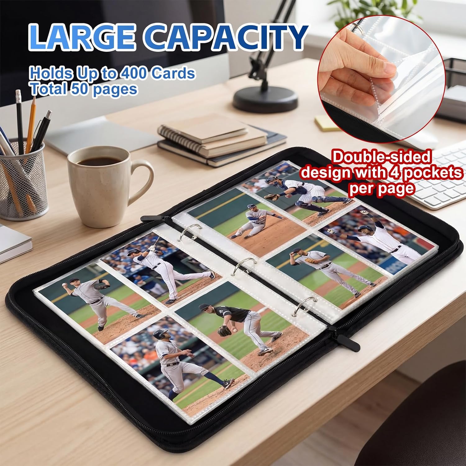 Sanwuta Baseball Card Binders - 6 Pack with 2400 Pockets, Zipper & Removable Sleeves | Double-Sided Storage Album