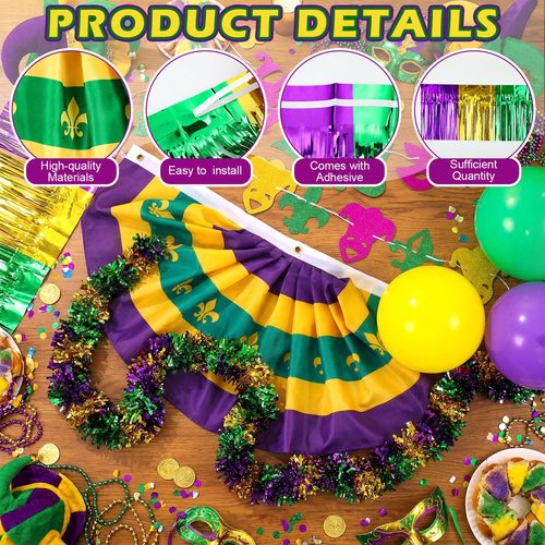 Lunmon 39-41 Pcs Mardi Gras Golf Cart Decoration Kit Purple Green Gold Car Wagon Parade Supplies Tragedy Comedy Mask Garland Decor for Holiday Party Decoration(Mardi Gras)