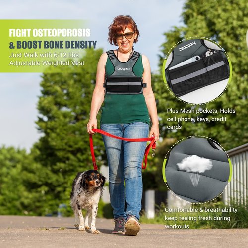 Weighted Vest Adjustable Weights for Women, 6-12 Lbs Weight Vest for Walking with Plus Size Pocket, Ruck Vest with 6 Ironsand Weights & Reflective Strip for Running, Workouts & Strength Training