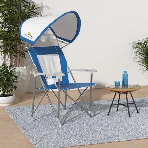 GCI Outdoor Sunshade Captain's Chair - Collapsible Folding Canopy Chair with Armrests & Drink Holder | Saybrook Blue