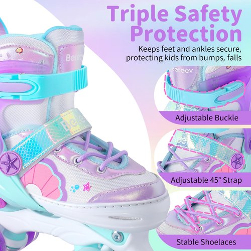BELEEV Kids Roller Skates for Girls, 4-Size Adjustable Quad Skates with 8 Light-Up LED Wheels & Bonus Shoe Lace, Safe & Fun for Toddlers Children Beginners, Ideal Birthday