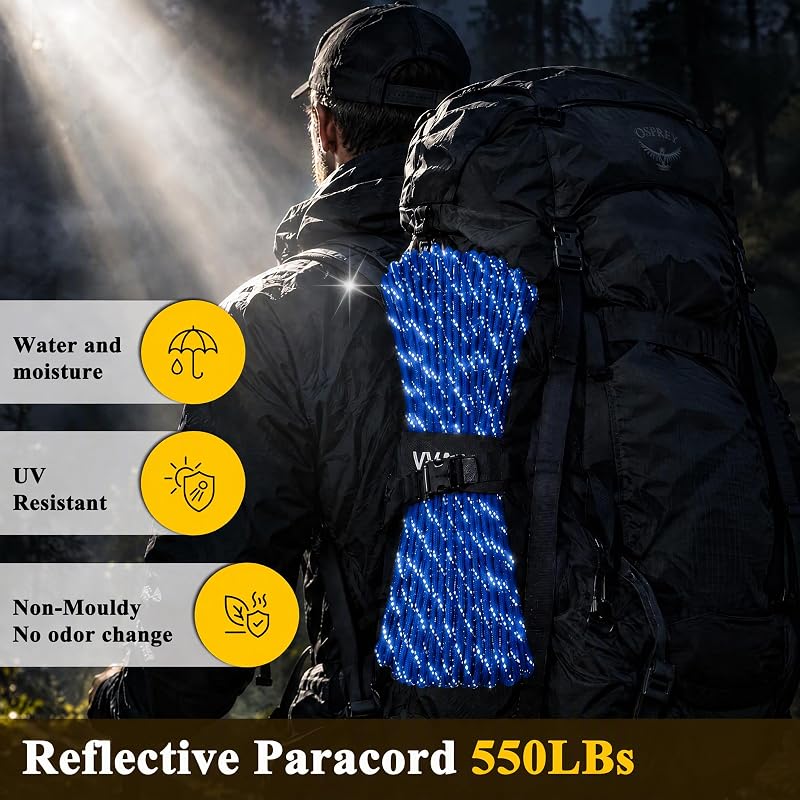 Blue 100ft Reflective Paracord 550 Cord 4mm 7-Strand Nylon Rope – Camping & Hiking Utility