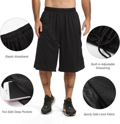 HQUEC Men's Athletic Basketball Shorts - 12" Loose-Fit Workout Shorts with Pockets