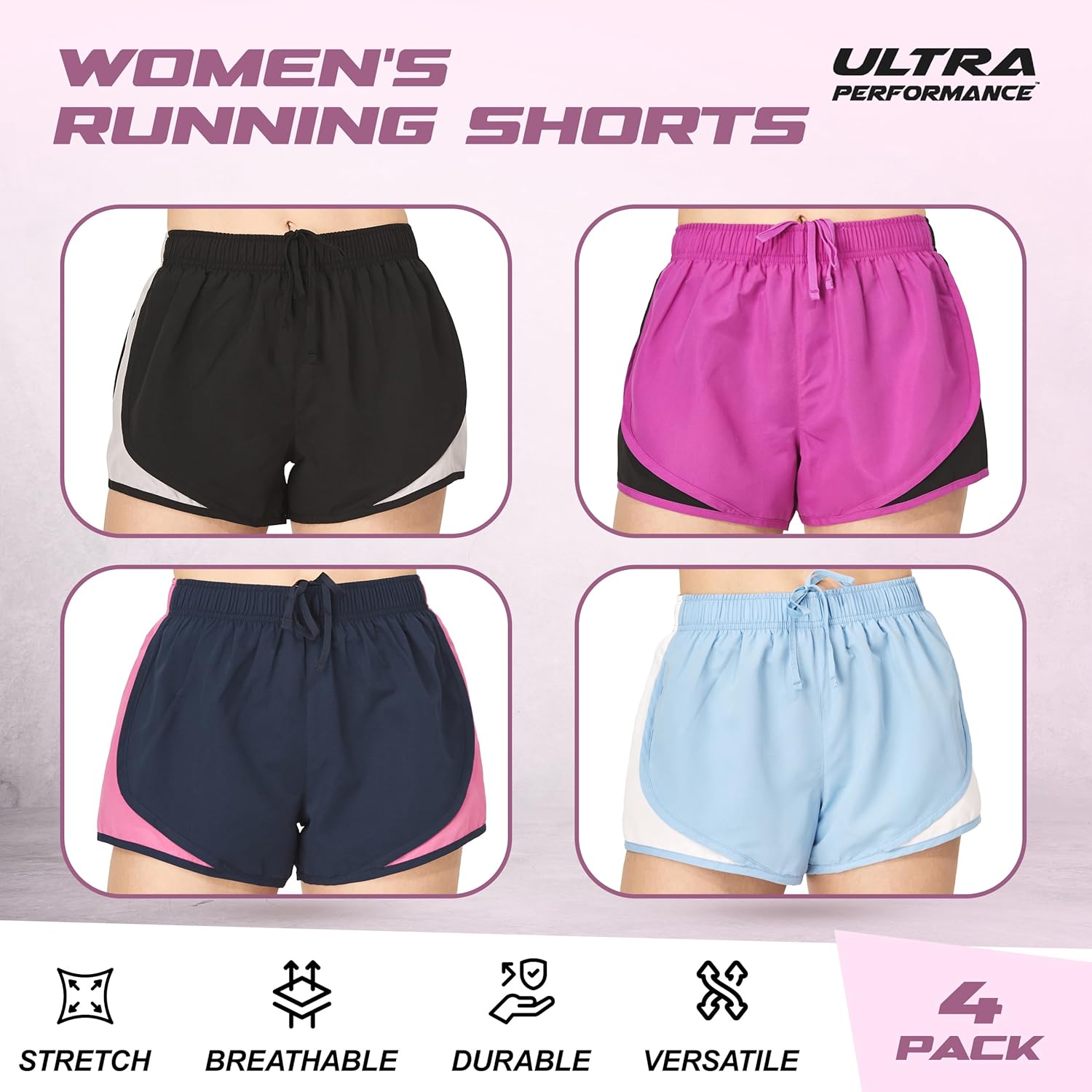 Skiennix Ultra Performance Women's Running Shorts - 4-Pack Athletic Gym Shorts with Brief Liner