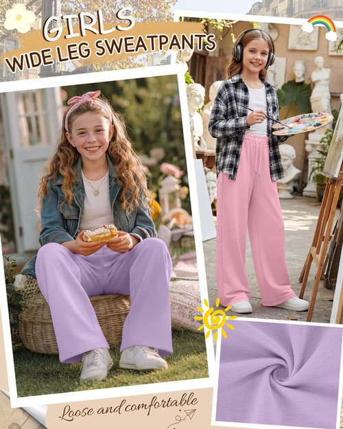 LessonZoo 3 Pack Girls' Sweatpants Straight Wide Leg Kids Drawstring Casual Joggers Teen Loose Athletic Pants with Pockets(9-10 Years,Light Purple, Pink, Black)