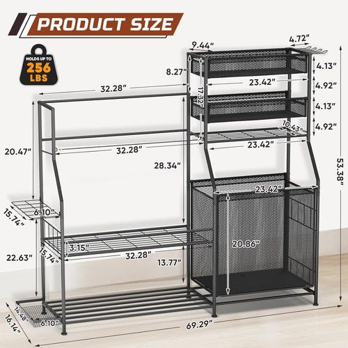 Garage Sports Equipment Organizer - Heavy-Duty Golf Bag Storage Stand with Basket & Hooks | Space-Saving Design