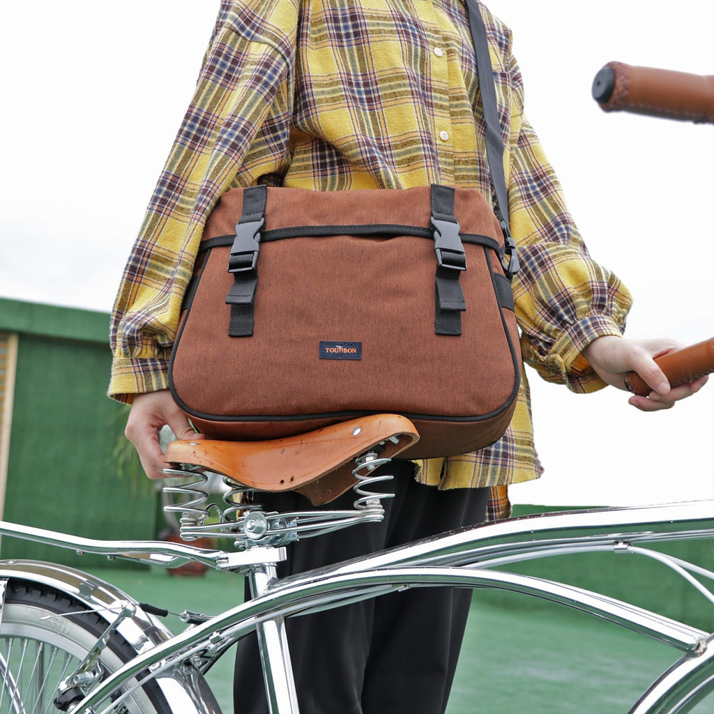 TOURBON Nylon Double Pannier Shoulder Bags Bicycle Rear Rack Trunk Motorcycle Tail Seat Bag - Brown