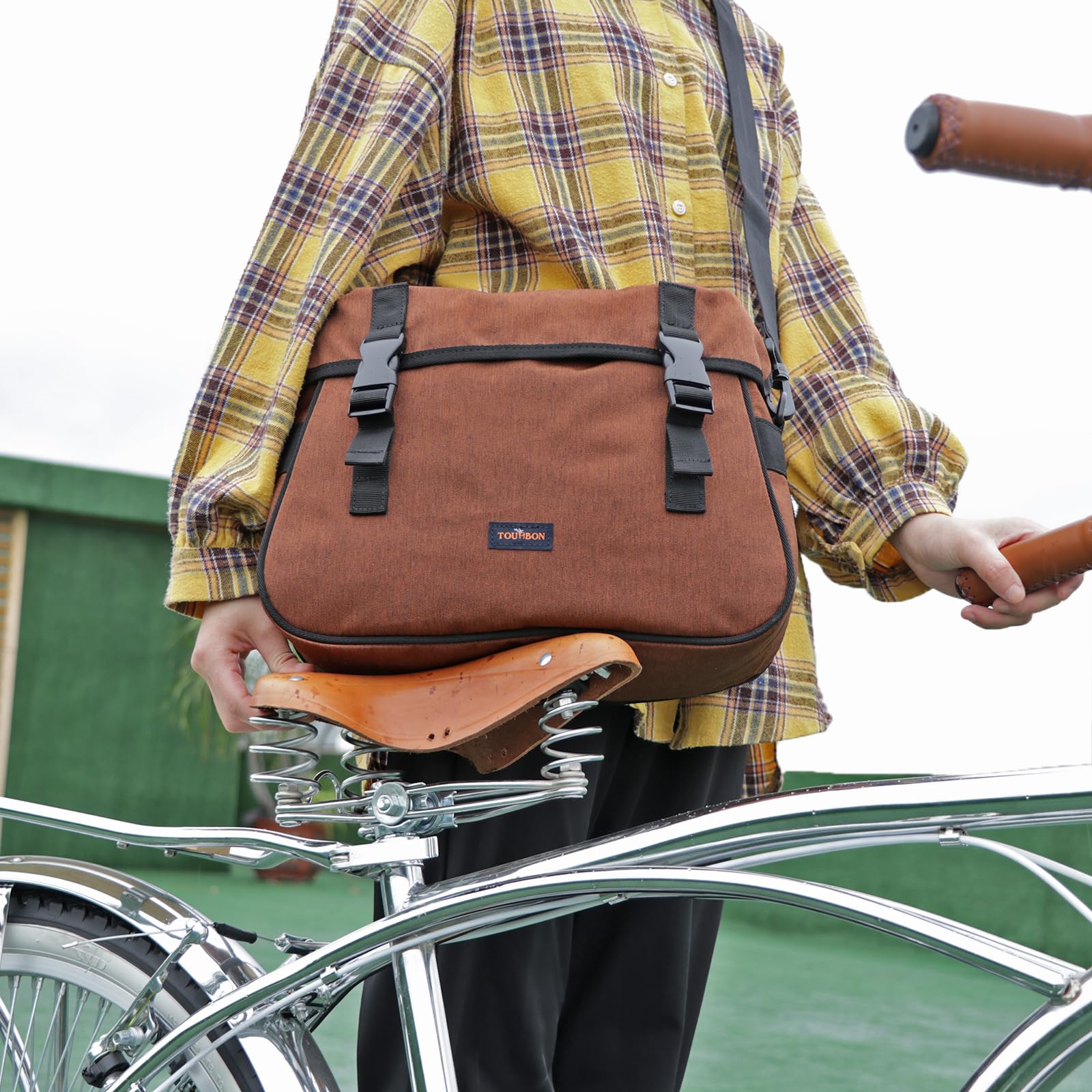 TOURBON Nylon Double Pannier Shoulder Bags Bicycle Rear Rack Trunk Motorcycle Tail Seat Bag - Brown