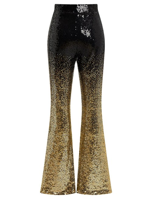 ODIZLI Sequin Pants Women Wide Leg Sparkle Dance Glitter Womens Sequence Pants for Ladies Sparkly Black Flare Disco Costume Clubwear Party Bell Bottom Leggings Black Gradient Gold XL