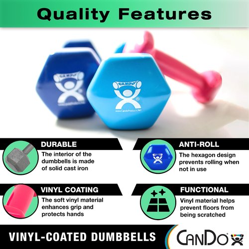 CanDo Vinyl Coated Dumbbell Green 3 lb Single 1pc Handheld Weight for Muscle Training and Workouts, Color Coded Anti-Roll Home Gym Equipment, Beginner and Pro…