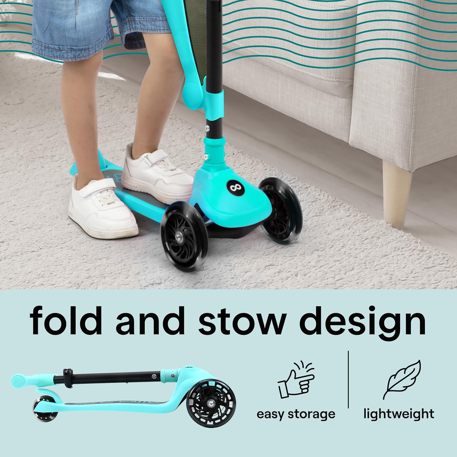 SereneLife 3-Wheel Kids Scooter - Foldable Design, LED Wheel Lights, Adjustable Handlebar | For Toddlers 3+ Up to 110 lbs