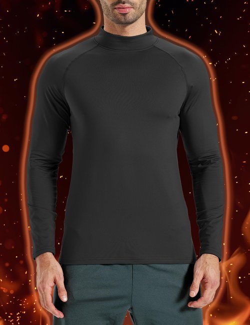 Gofeat Thermal Shirts for Men Turtle Mockneck Base Layer for Men Long Johns Black Flecce Lined Shirt Cold Gear, Large