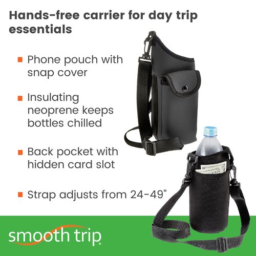 Smooth Trip AquaPockets Neoprene Water Bottle Holder with Strap - Neoprene Sling Bag with Water Bottle Holder, Phone Pouch and Adjustable Strap for Walking and Hiking - Fits up to 32 oz. Bottles