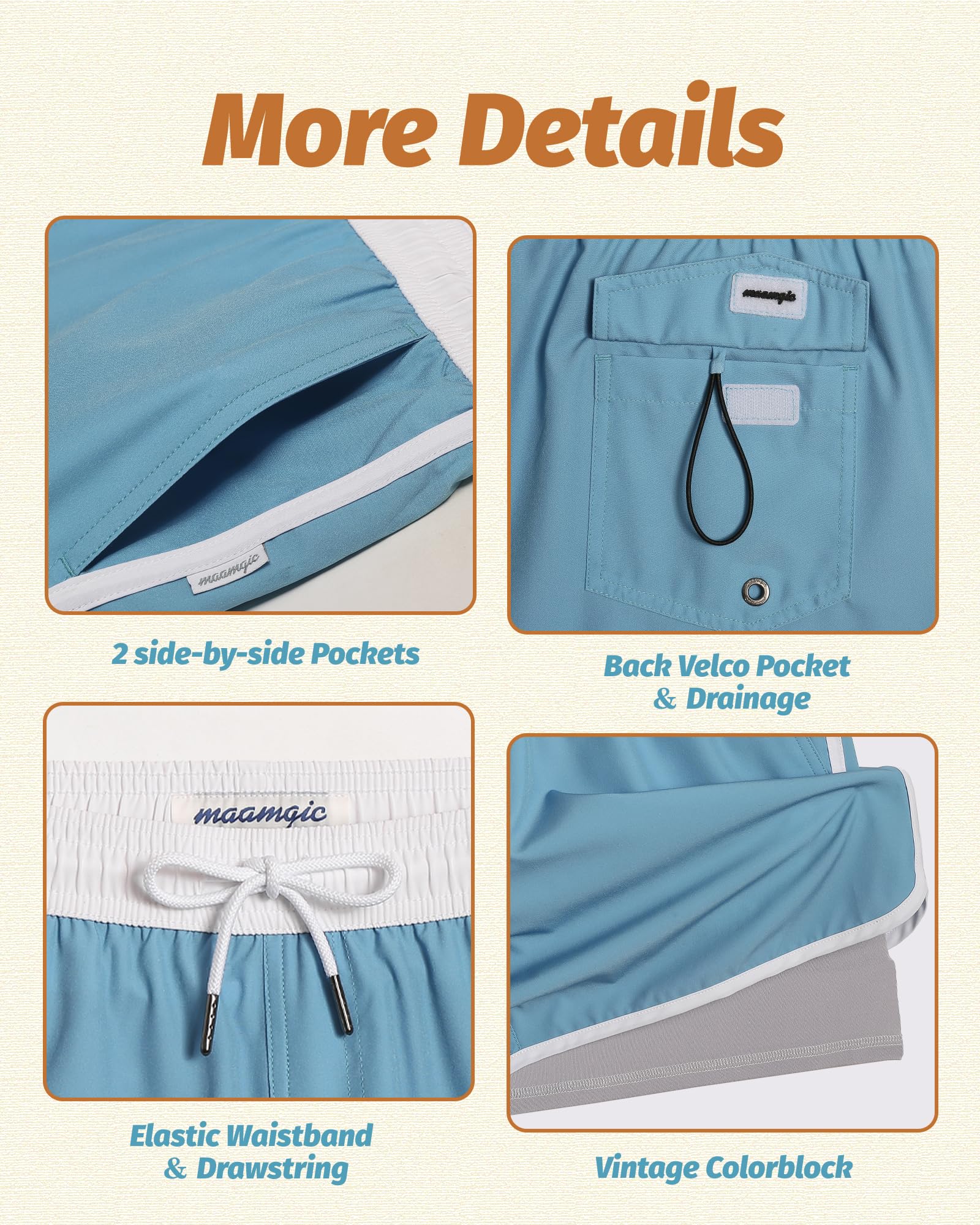 maamgic Mens Short 80s 90s Vintage 5.5" Swim Trunks Swimsuits Board Shorts Compression Liner Quick Dry 2 in 1 Bathing Suits Light Blue Medium