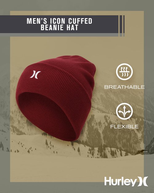 Hurley Men's Winter Hat - Heavyweight Slouchy Fit Icon Cuffed Beanie, Size One Size, Noble Red