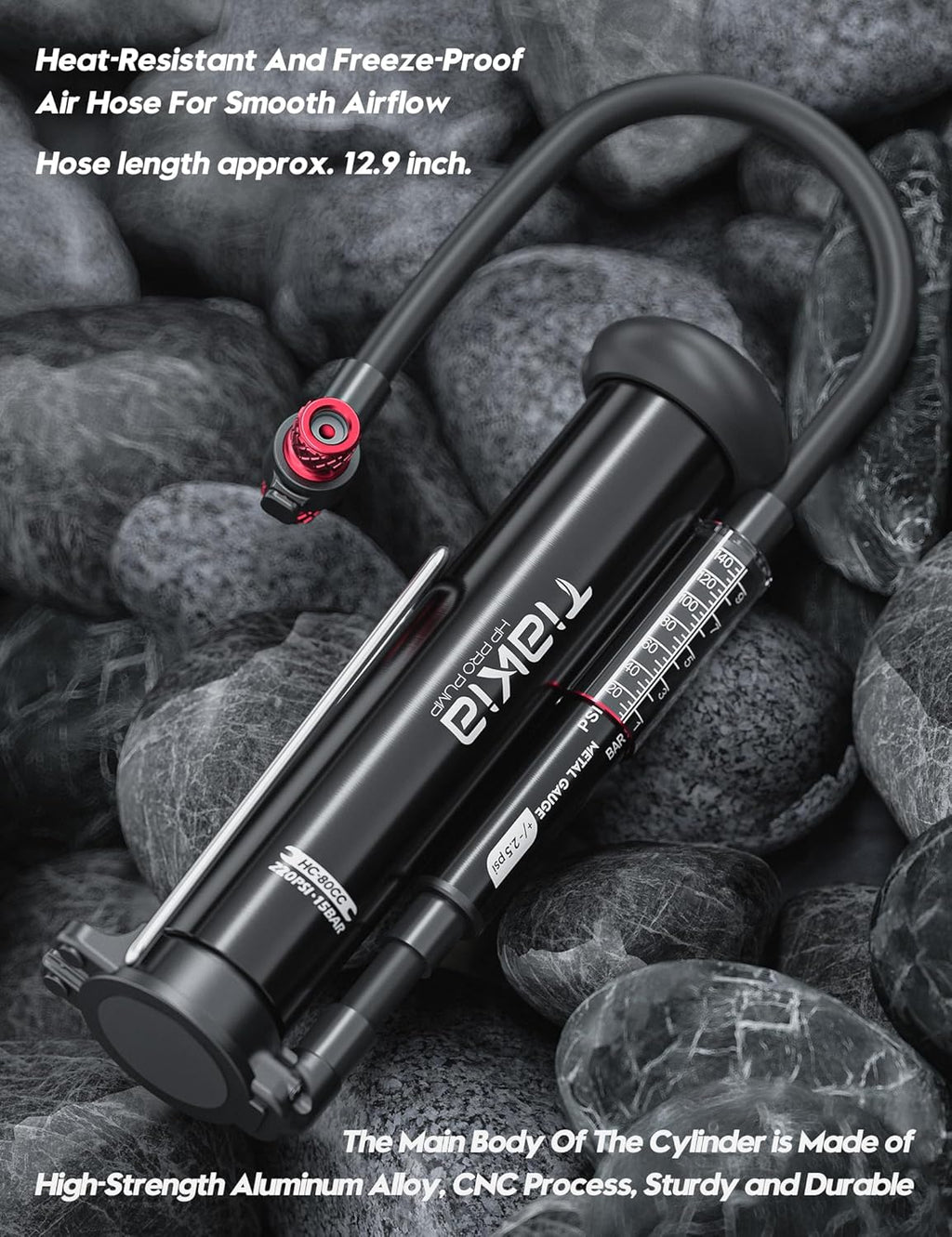 Tiakia High Pressure Bicycle Pump - Portable Hand Air Pump with Gauge for Presta & Schrader Valves | Aluminum, Fits Mountain & Road Bikes, Strollers, Balls