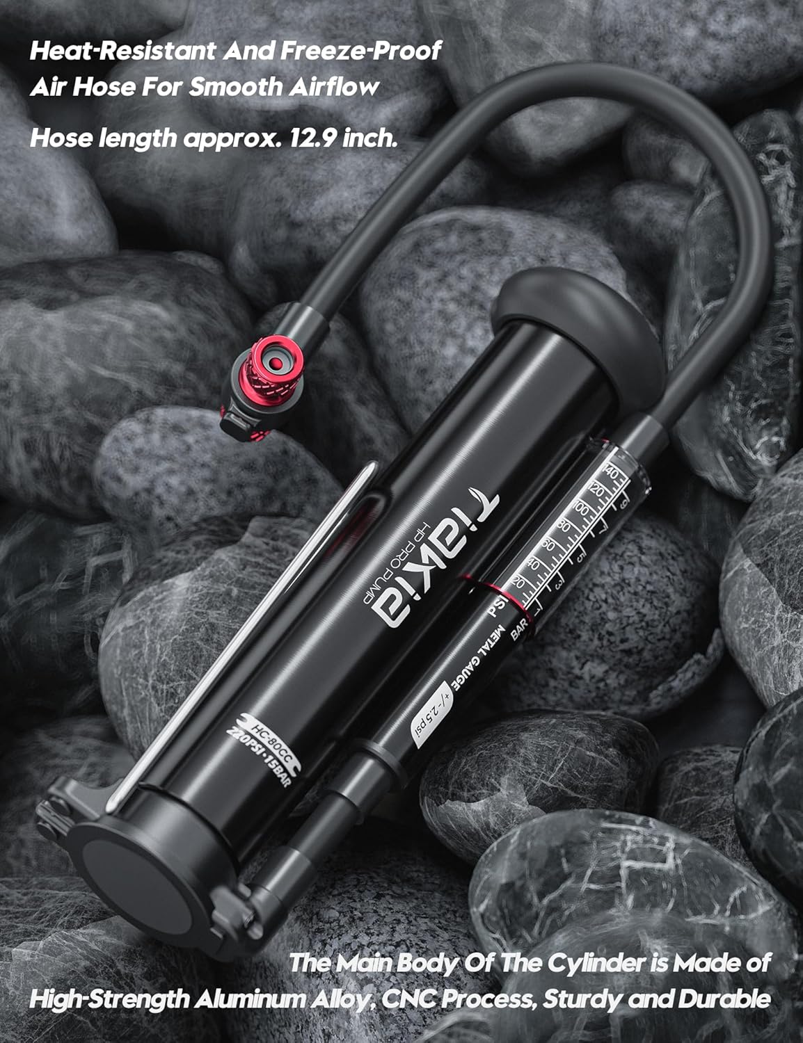 Tiakia High Pressure Bicycle Pump - Portable Hand Air Pump with Gauge for Presta & Schrader Valves | Aluminum, Fits Mountain & Road Bikes, Strollers, Balls