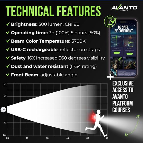 AVANTO SOLX1 Pro Running Headlamp - USB-C Rechargeable Chest Light with Adjustable Beam & Reflective Safety Harness in Black
