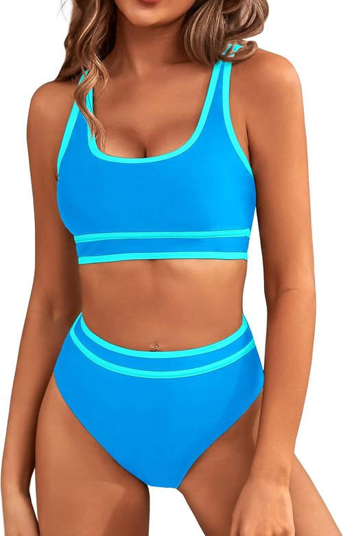 BMJL Women's High Waisted Bikini Set - Sporty Two Piece Color Block Bathing Suit in Cheeky Style