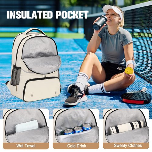 Bevalsa Pickleball Bag Backpack for Women Men Teens, Tennis Backpack Tennis Bag with Shoe Compartment, Multifunctional Sports Padel Racket Bag Badminton Backpack Fits 4 Rackets with Fence Hook (Beige)