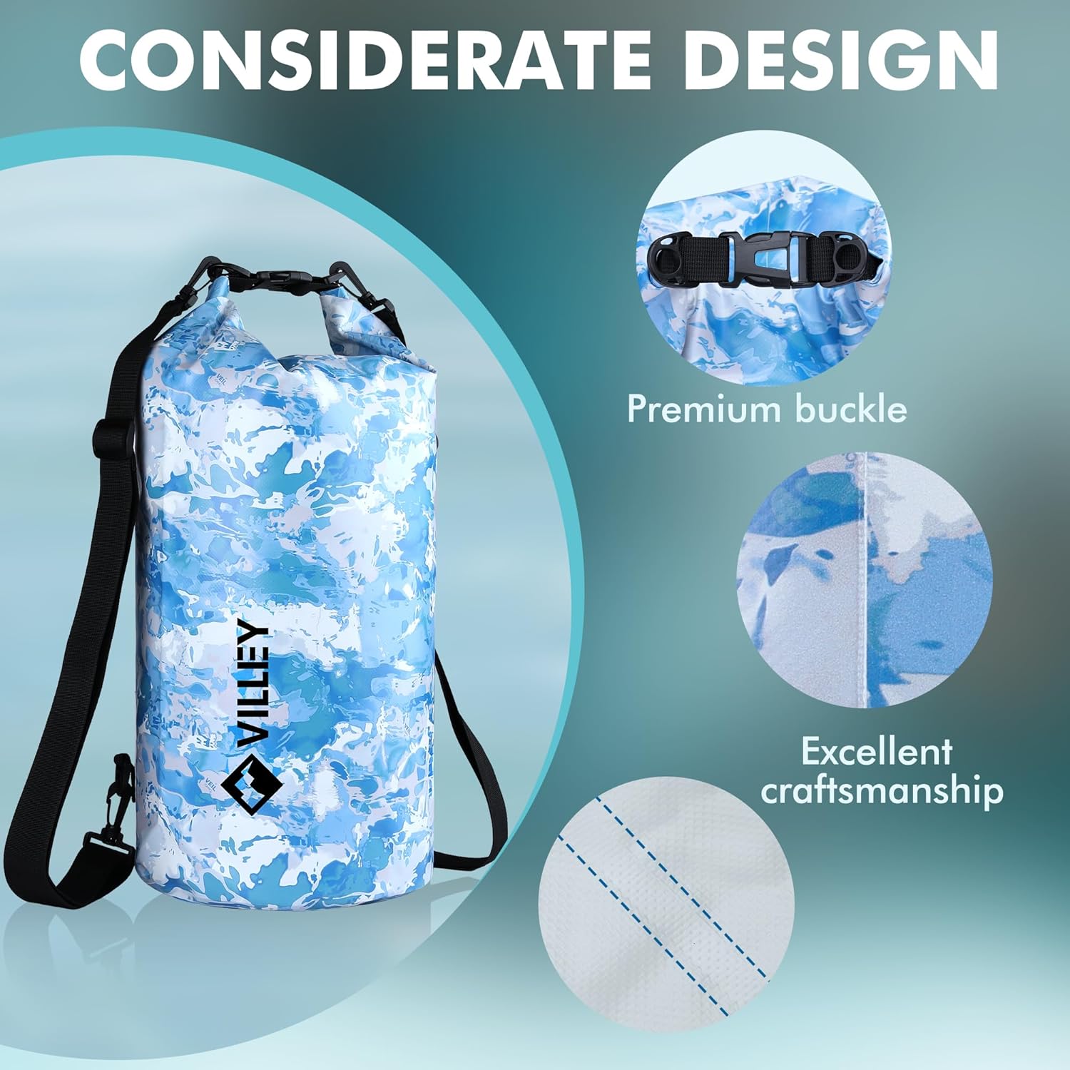 VILLEY Waterproof Dry Bag - 10L Roll Top Backpack for Kayaking, Boating & Camping | Blue Camo Design