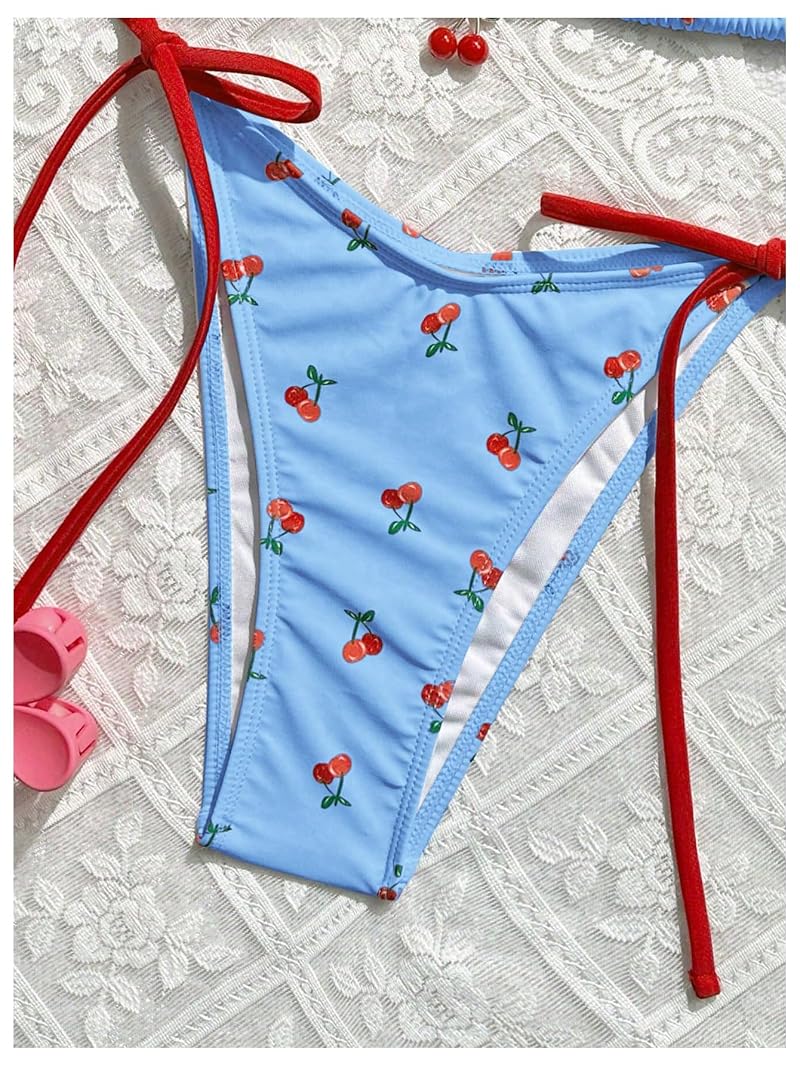 WDIRARA Cherry Print 2 Piece Swimsuit Set - Blue, Medium Variation