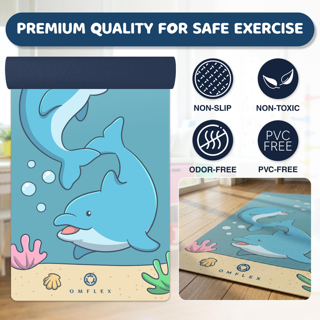 Omflex Kids Yoga Mat with Carrying Strap – 60"x24" Non-Slip Premium Exercise Mat for Kids, 3mm Thick Non-Toxic, PVC-Free Play Mat for Children, Dolphin, Car & Supergirl Designs (Dolphin)