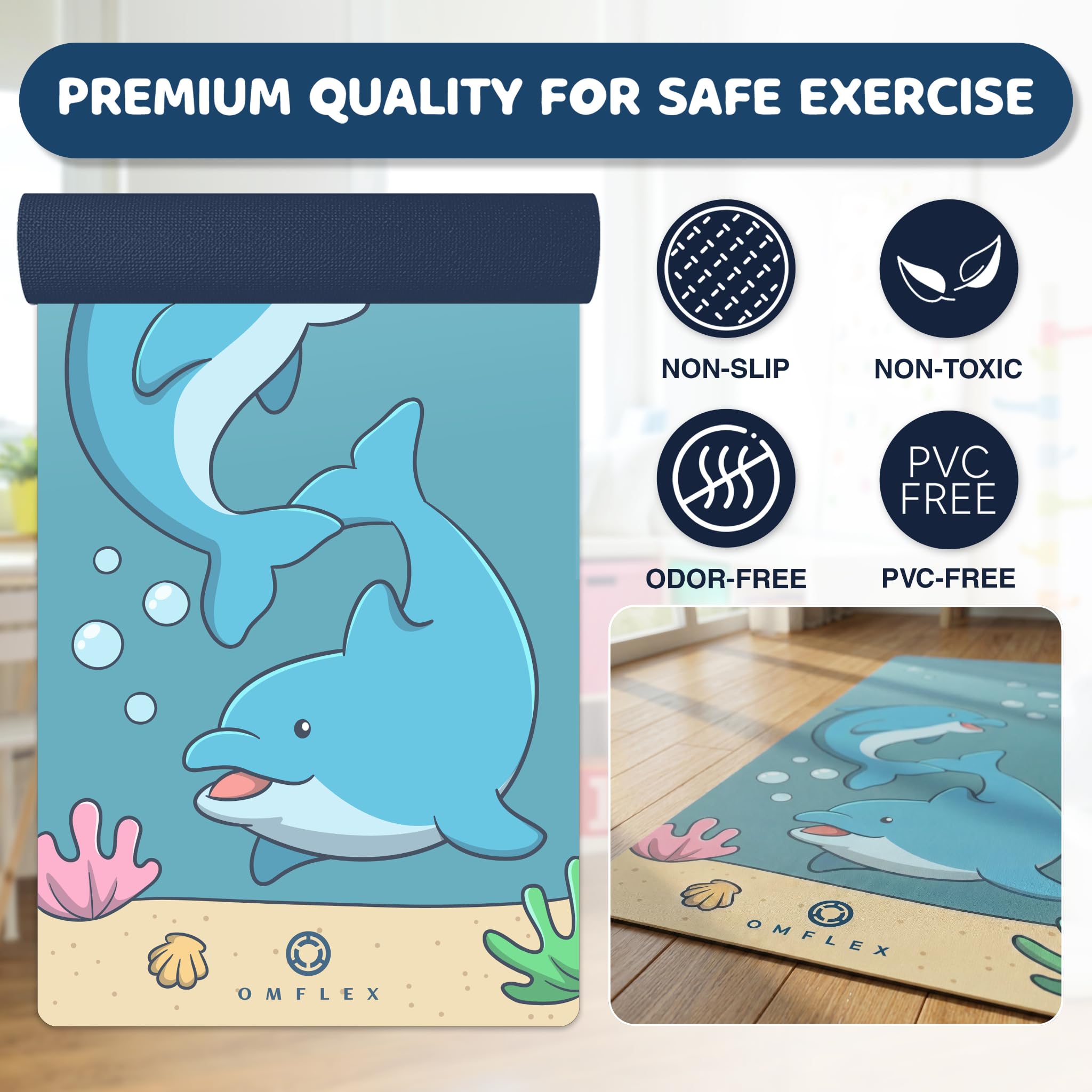 Omflex Kids Yoga Mat with Carrying Strap – 60"x24" Non-Slip Premium Exercise Mat for Kids, 3mm Thick Non-Toxic, PVC-Free Play Mat for Children, Dolphin, Car & Supergirl Designs (Dolphin)