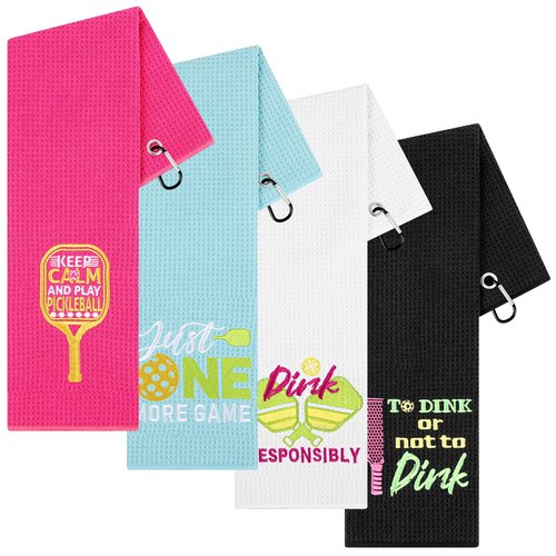 4 Pcs Funny Pickleball Towel Athletic Towels with Grommet Absorbent Embroidered Pickleball Gifts for Men Women Dinkball Towels Tennis Towel,24 x 16 Inch