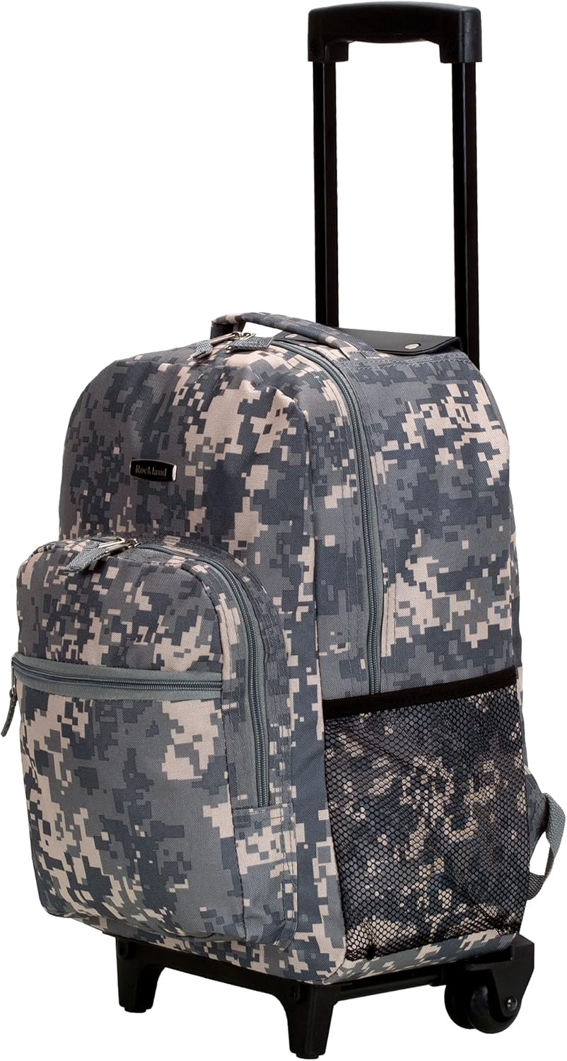Rockland Double Handle Rolling Backpack - Acu Camo Design | 17-Inch Size for Easy Travel