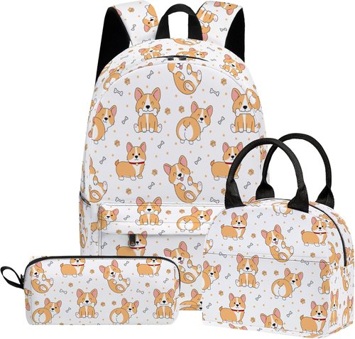 Corgi Cute 3PCS Backpack Set - Lightweight 17 Inch Bookpack for Teens | Includes Lunch Box & Pencil Case