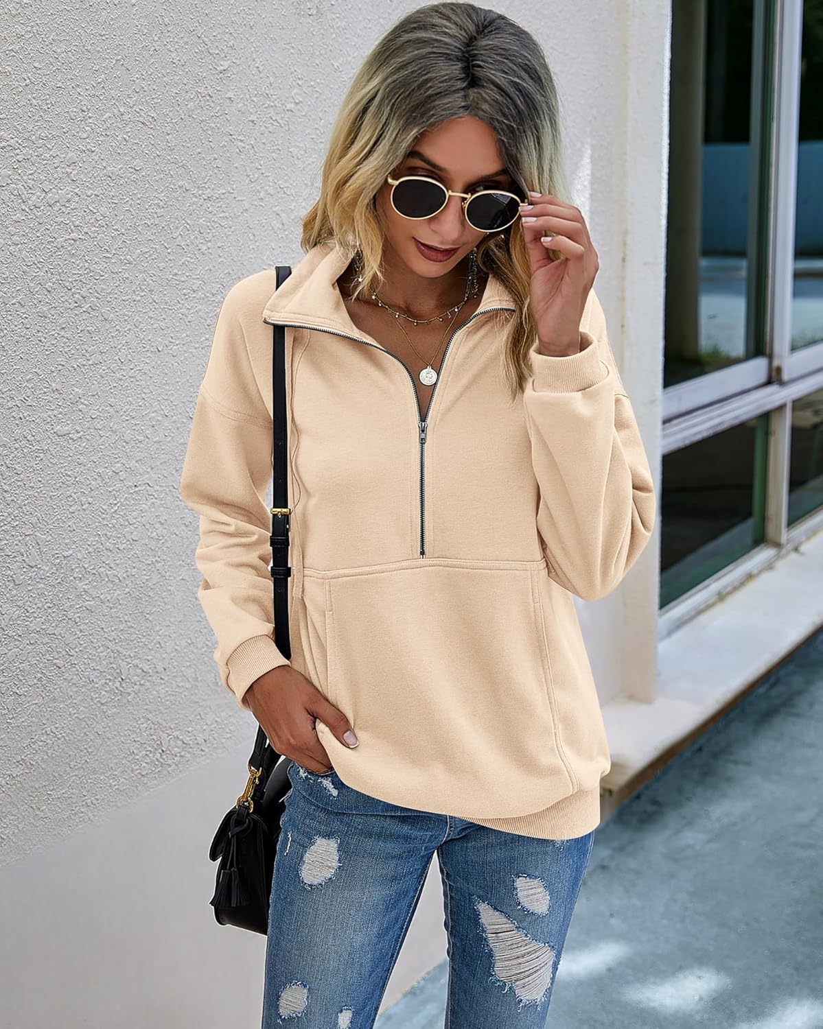 PRETTYGARDEN Women's Casual Pullover Sweatshirt - Long Sleeve Zipper & Drawstring Design