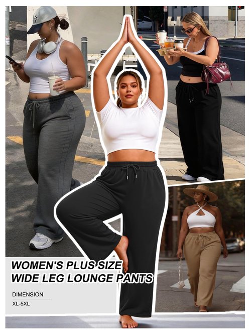 MK Shop Limited Plus Size Wide Leg Pants for Women Active Yoga Sweatpants Lounge High Waisted Drawstring Casual Loose Baggy Pants with Pockets Black