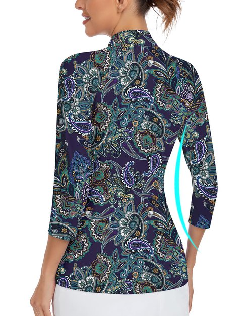 Women's 3/4 Sleeve Golf Shirts Sun Protection Workout Pullover 3/4 Zip Sweatshirt Athletic Running Top (Dark Navy Paisley,Medium)