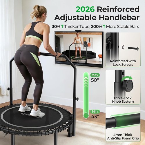 BCAN Mini Rebounder Trampoline - 450/550LBS Capacity, Adjustable Handle, Indoor/Outdoor Fitness - 40IN/48IN