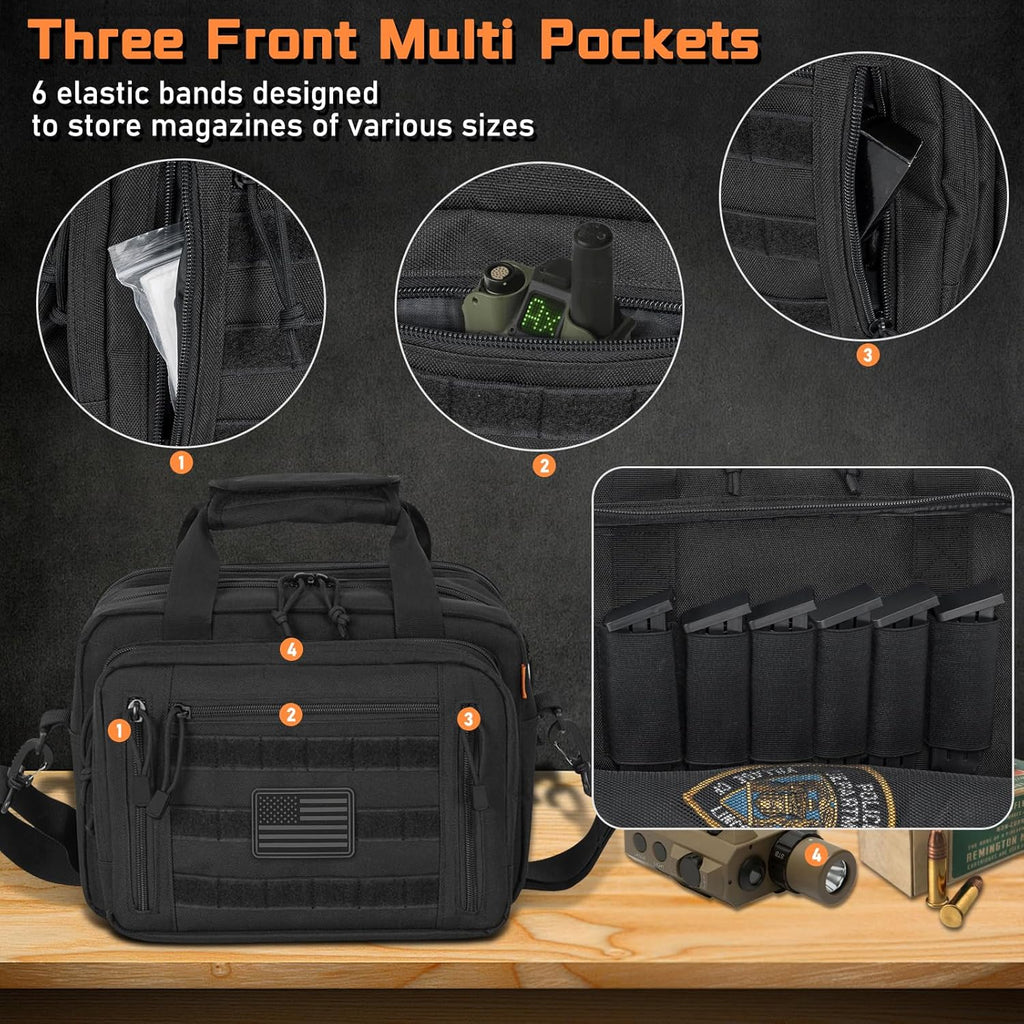 Skiennix Pistol Case - Durable Gun Range Bag for 2 Pistols & 6 Magazines | Lockable Zipper Design