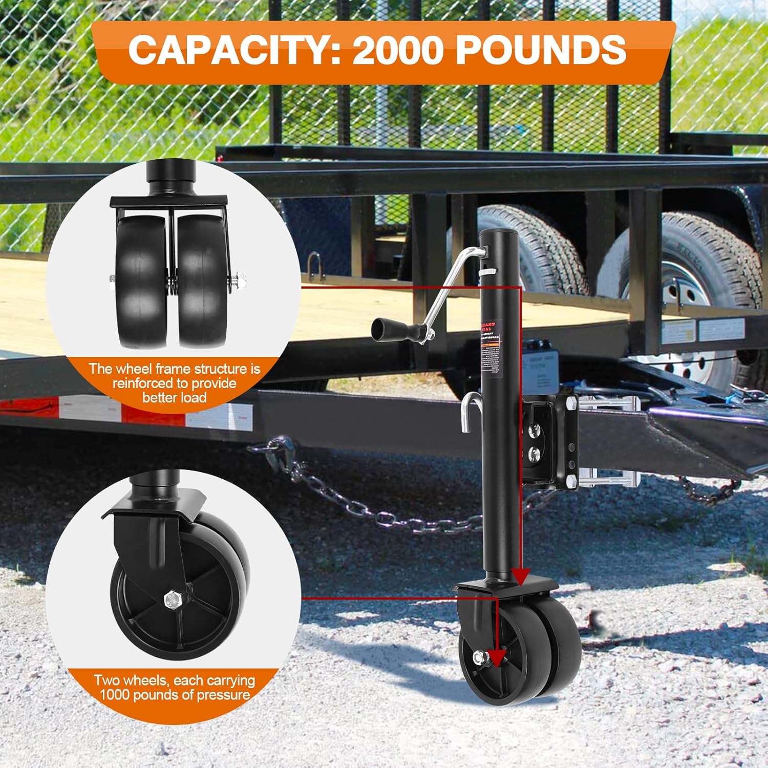 Swivel Boat Trailer Jack - 2000 lbs Heavy Duty Marine Jack with 6" Dual Wheels & 12" Lift Travel