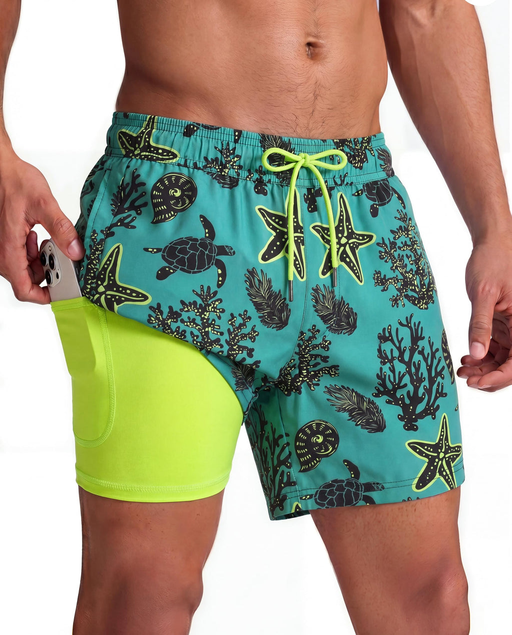 maamgic Mens Swim Trunks with Compression Liner 5 Inch, Quick Dry Bathing Suit with Zipper Pockets, Stretch No-Chafing Swim Shorts, Green-Sea World Large